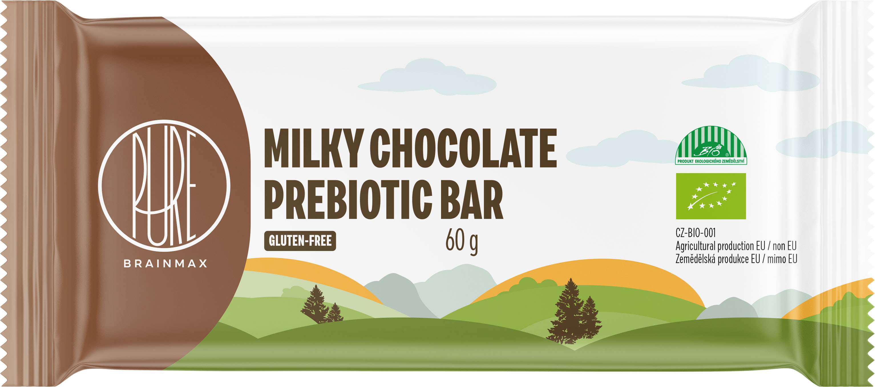 BrainMax Pure Milky Chocolate Prebiotic Bar, Prebiotická tyčinka, Mléčná čokoláda, BIO, 60 g *CZ-BIO-001 certifikát / tyčinka s vlákninou, lískooříškovým krémem a mléčnou čokoládou