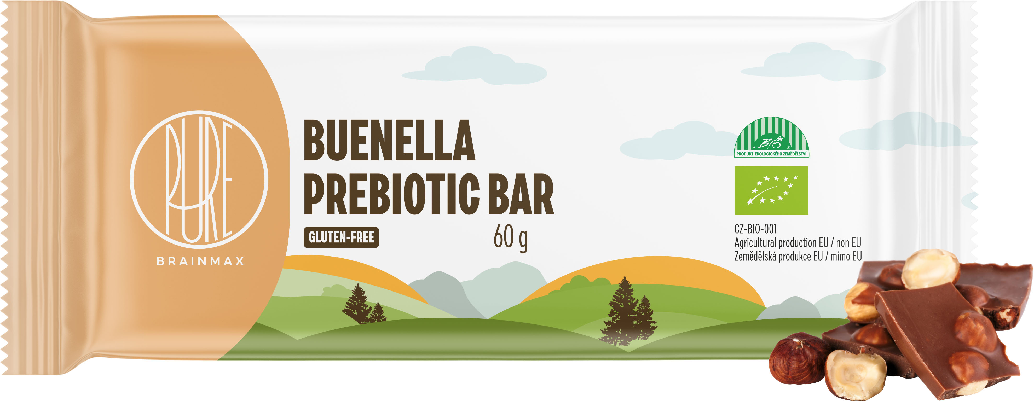 BrainMax Pure Buenella Prebiotic Bar, tyčinka s vlákninou, Buenella, BIO, 60 g *CZ-BIO-001 certifikát / tyčinka s vlákninou a lískooříškovým krémem