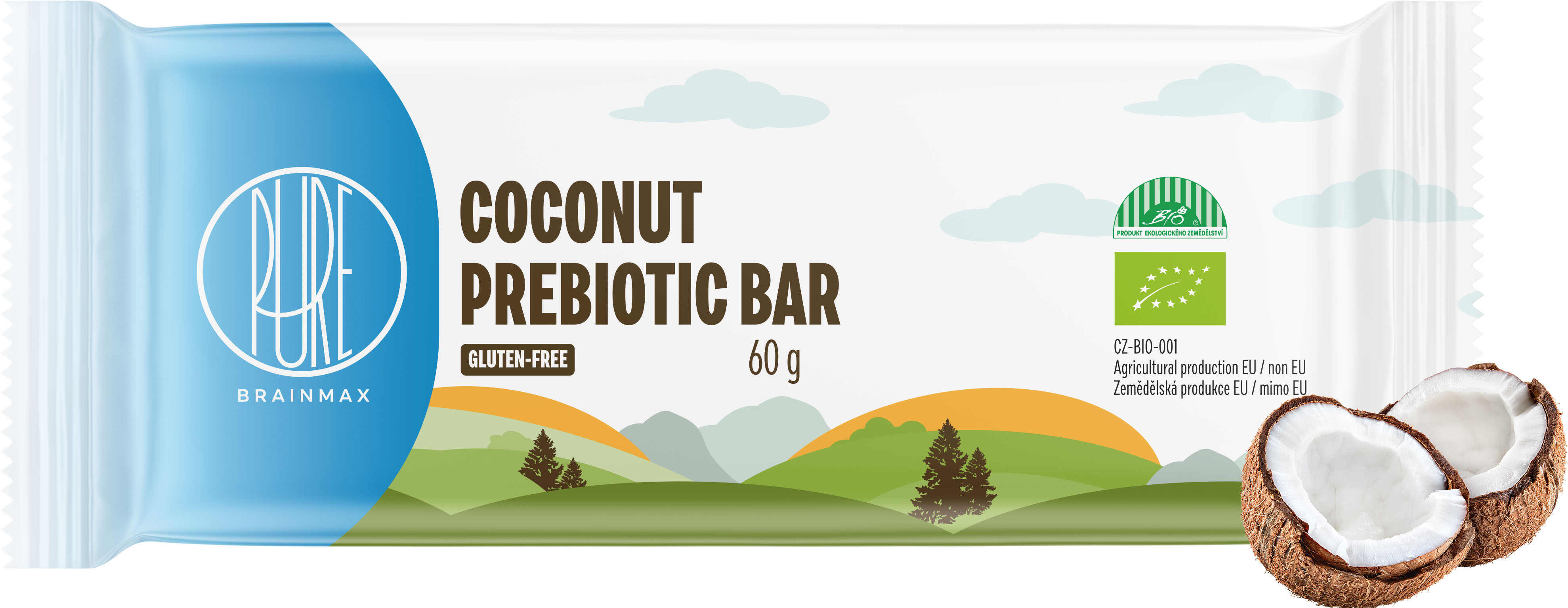 BrainMax Pure Coconut Prebiotic Bar, tyčinka s vlákninou, Kokos, BIO, 60 g *CZ-BIO-001 certifikát / kokosová tyčinka s vlákninou