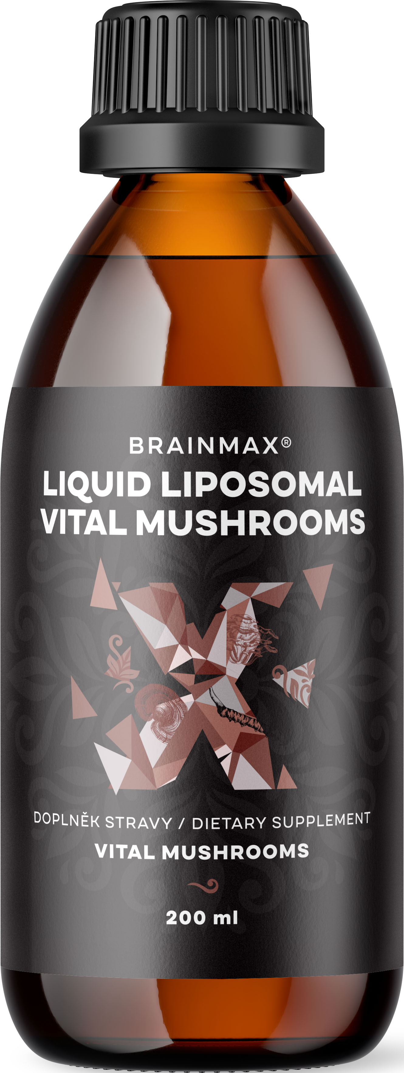BrainMax Liposomal Vital Mushrooms, vitální houby v liposomální formě, 200 ml Chaga, Reishi, Cordyceps, Lion's Mane, Maitake a Shiitake v liposomální formě, 20 dávek