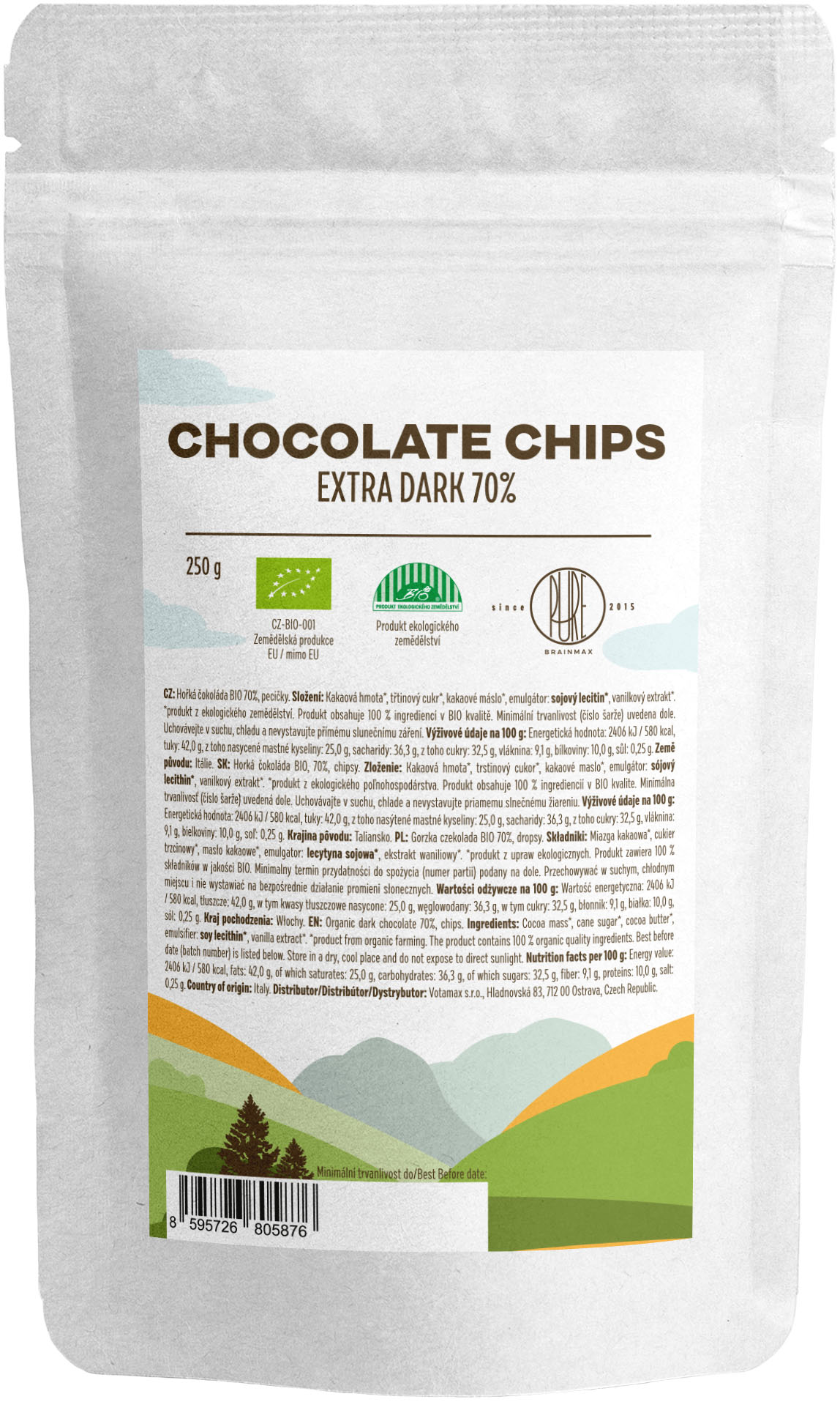 Levně BrainMax Pure® Dark Chocolate 70% Chips, čokoládové pecičky z hořké čokolády, BIO, 250 g *CZ-BIO-001 certifikát