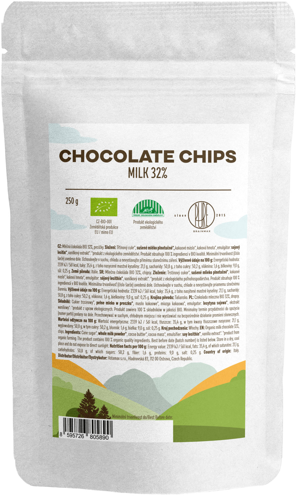 Levně BrainMax Pure® Milk Chocolate Chips, čokoládové pecičky z mléčné čokolády, BIO, 250 g *CZ-BIO-001 certifikát