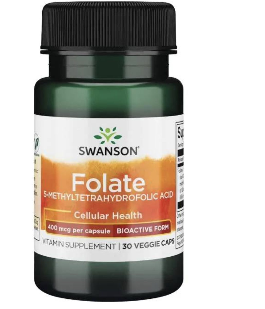 Swanson Folate (5-methyltetrahydrofolát), kyselina listová, 30 rostlinných kapslí Doplněk stravy