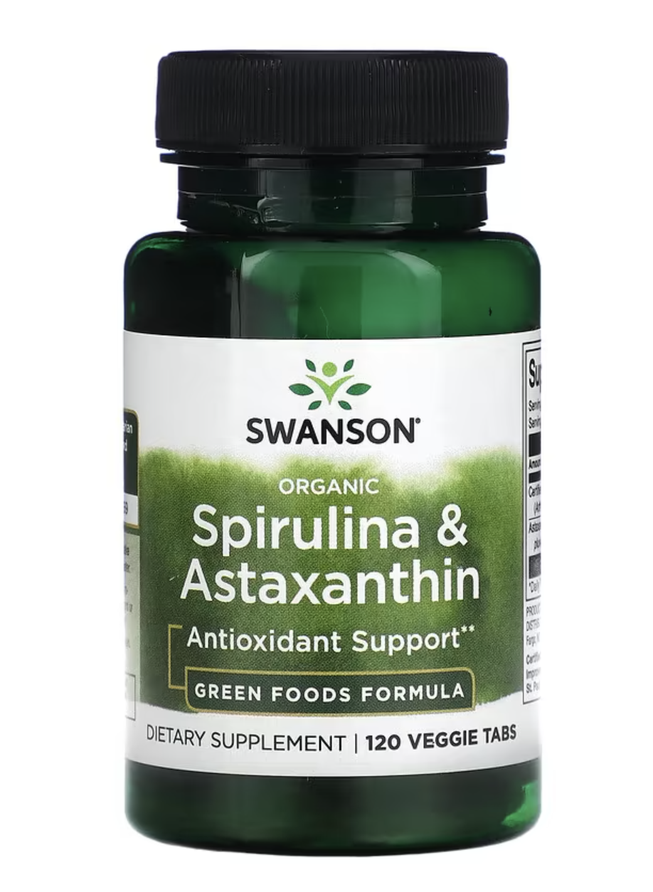 Swanson Organic Spirulina & Astaxanthin, 120 rostlinných tablet Doplněk stravy