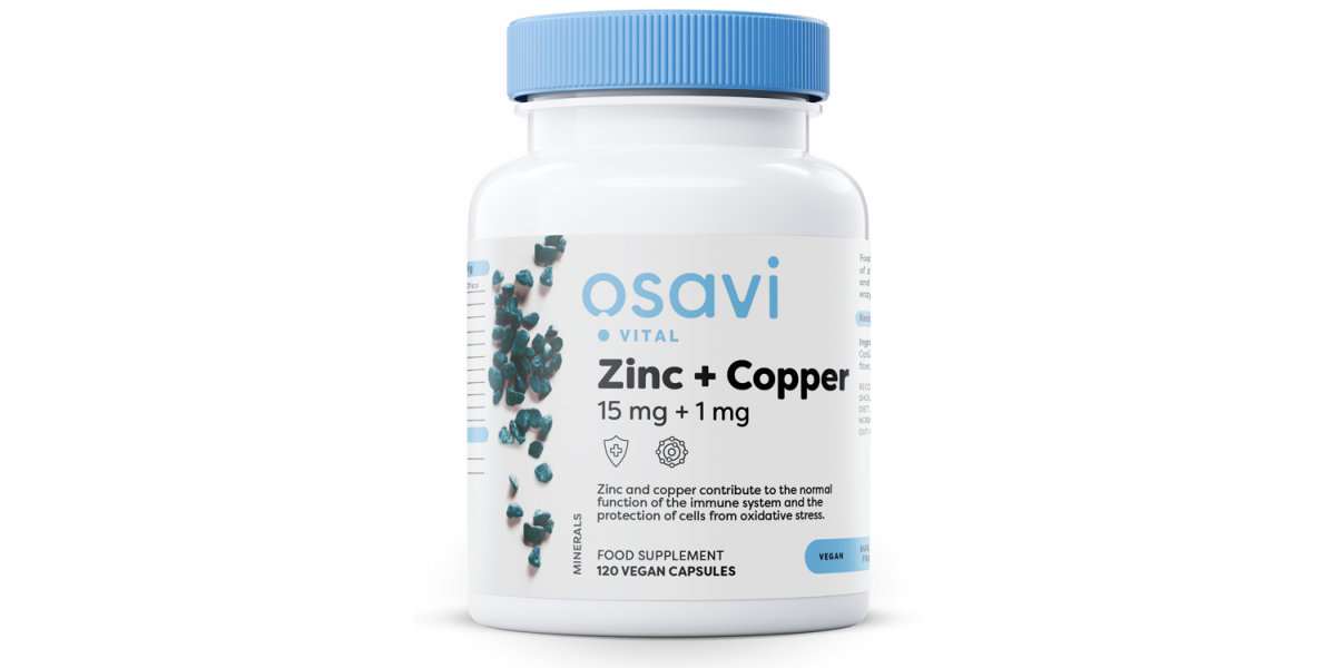 Osavi Zinc + Copper, zinek a měď, 15 mg + 1 mg, 120 rostlinných kapslí