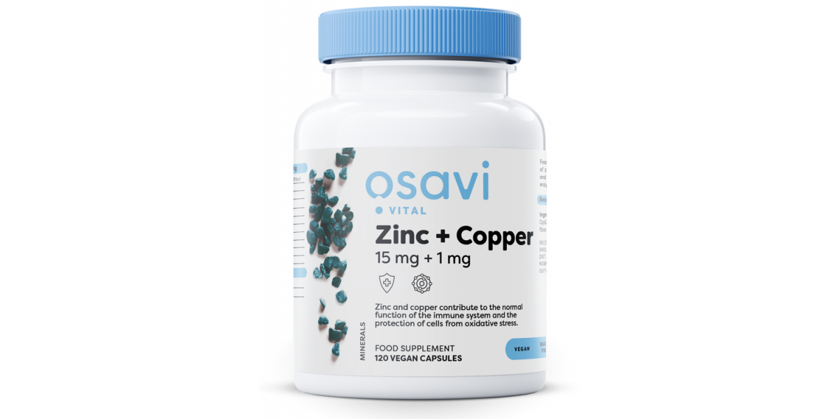 Osavi Zinc + Copper, zinek a měď, 15 mg + 1 mg, 120 rostlinných kapslí Doplněk stravy