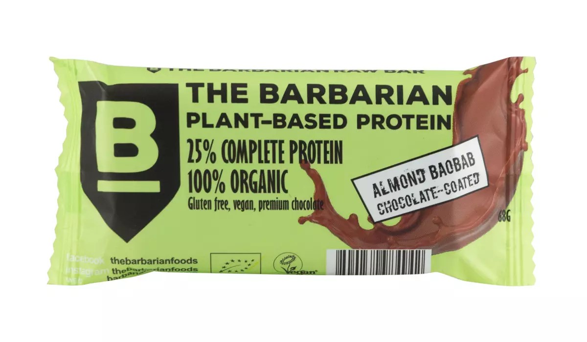 Levně The Barbarian Proteinová Tyčinka Organic Chocolate Coated Almond & Baobab, 68 g Protein Bar