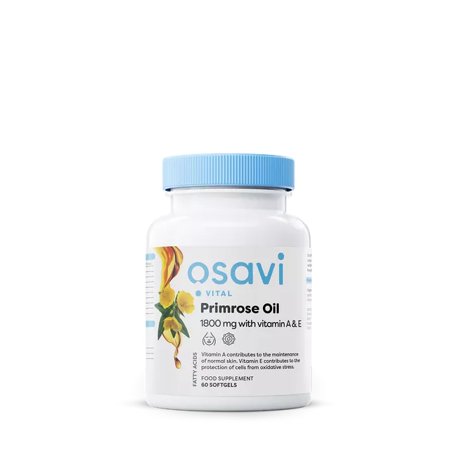 Osavi Primrose Oil with vitamin A & E, Pupalkový olej s vitamíny A & E, 1800 mg, 60 rostlinných kapslí