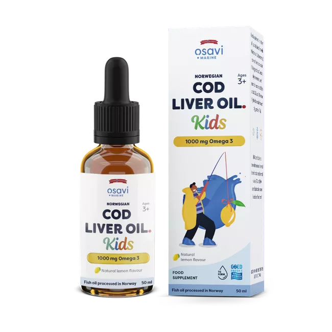 Osavi Norwegian Cod Liver Oil Kids, Norský olej z tresčích jater, pro děti, Omega 3, citrón, 1000 mg, 50 ml doplněk stravy