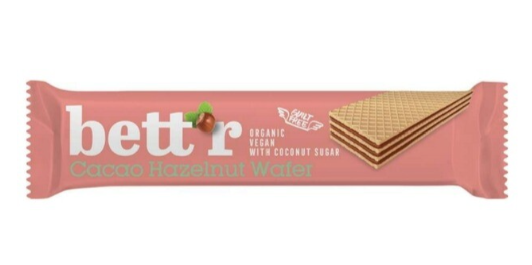 Levně Bett'r Organic Cacao Hazelnut Wafer, Kakao-oříškový oplatek, 30 g