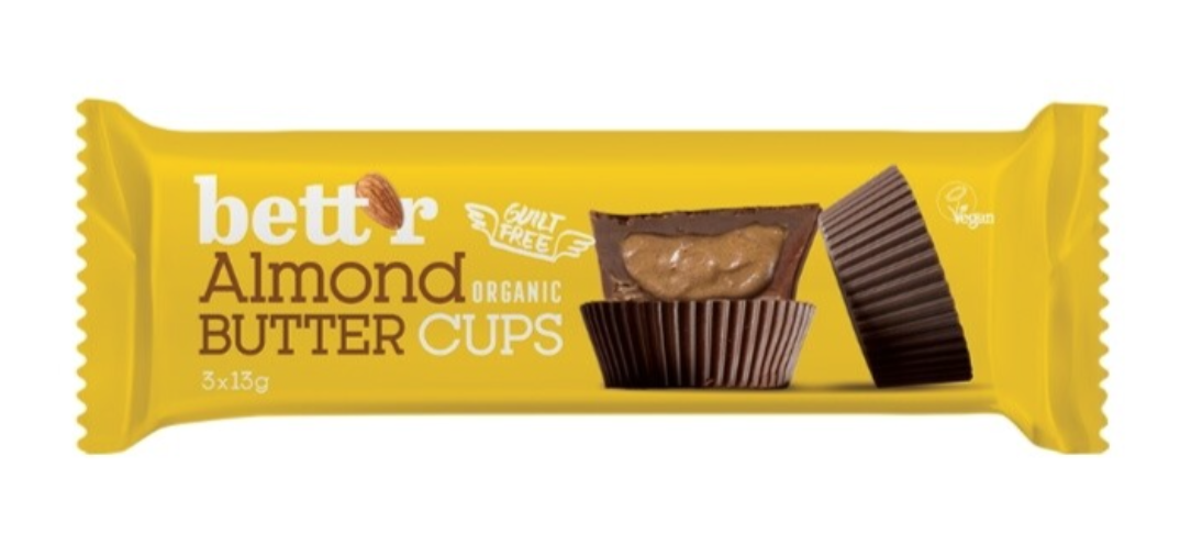 Levně Bett'r Organic Almond Butter Cups, Čokoládové košíčky s mandlovým krémem BIO, 3 x 13 g