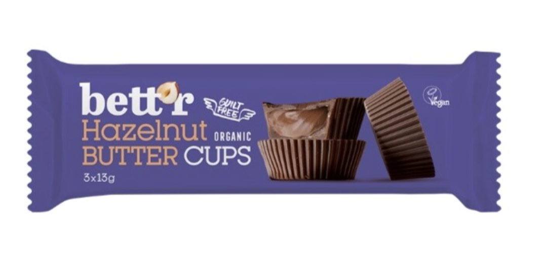 Levně Bett'r Organic Almond Butter Cups, Čokoládové košíčky s lískooříškovým krémem BIO, 3 x 13 g