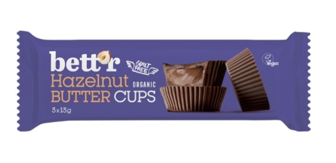 Bett'r Organic Almond Butter Cups, Čokoládové košíčky s lískooříškovým krémem BIO, 3 x 13 g