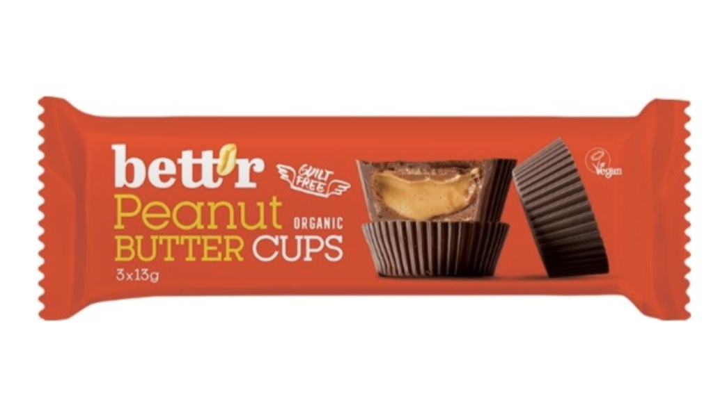 Levně Bett'r Organic Almond Butter Cups, Čokoládové košíčky s arašídovým krémem BIO, 3 x 13 g