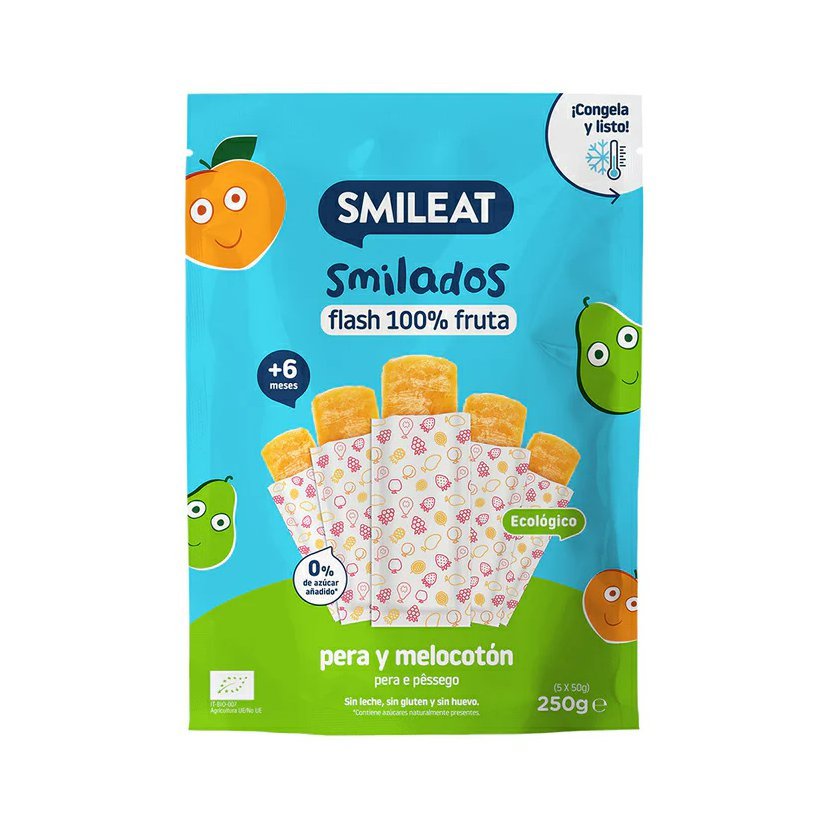 Smileat BIO 100% ovocné zmrzlinky k zamražení hruška & broskev 5ks 6M+, 250g Obrázek