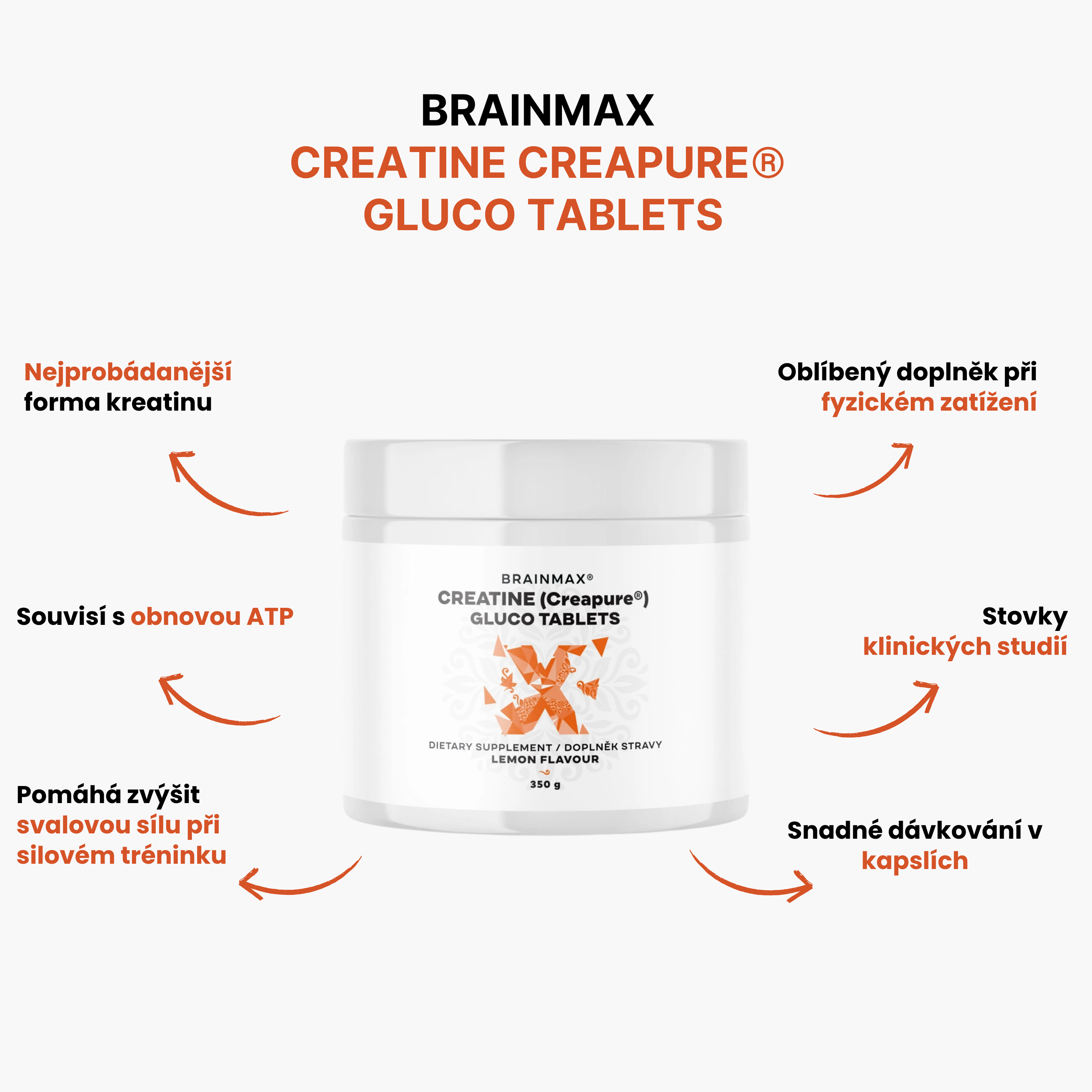 BrainMax Creapure® Gluco tablets, Lemon, 350 g Obrázek