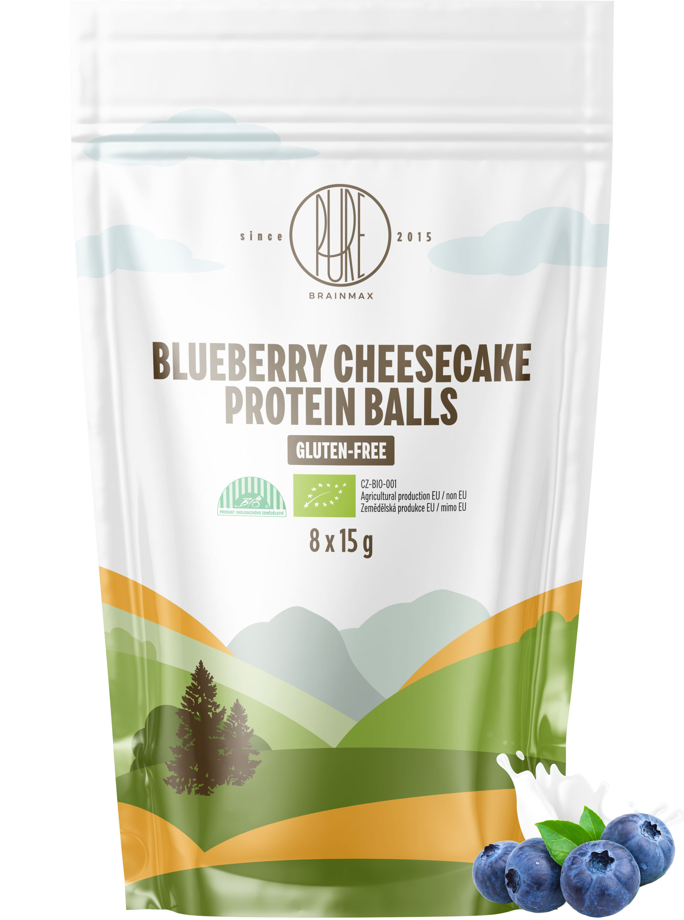 BrainMax Pure Protein Balls Blueberry Cheesecake, Proteinové kuličky, Borůvkový cheesecake, BIO, 8 ks Proteinové kuličky s lyofilizovanými borůvkami