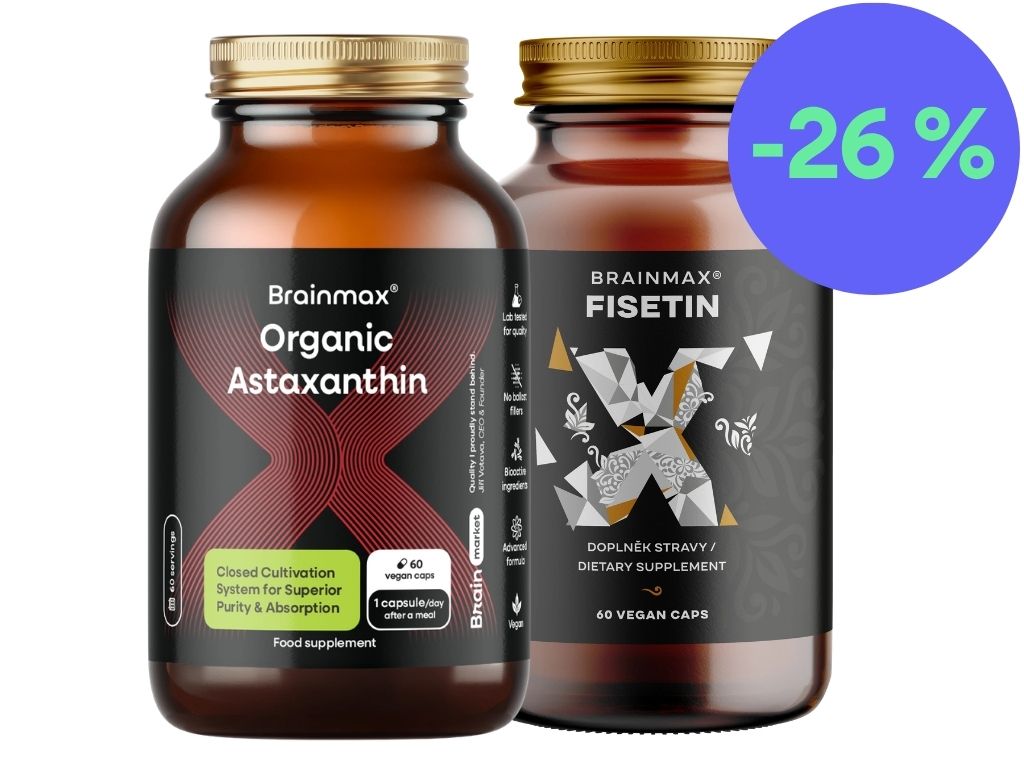 BrainMax Astaxanthin (Astaxantin) BIO, 8 mg, 60 rostlinných kapslí + BrainMax Fisetin 100 mg, 60 rostlinných kapslí