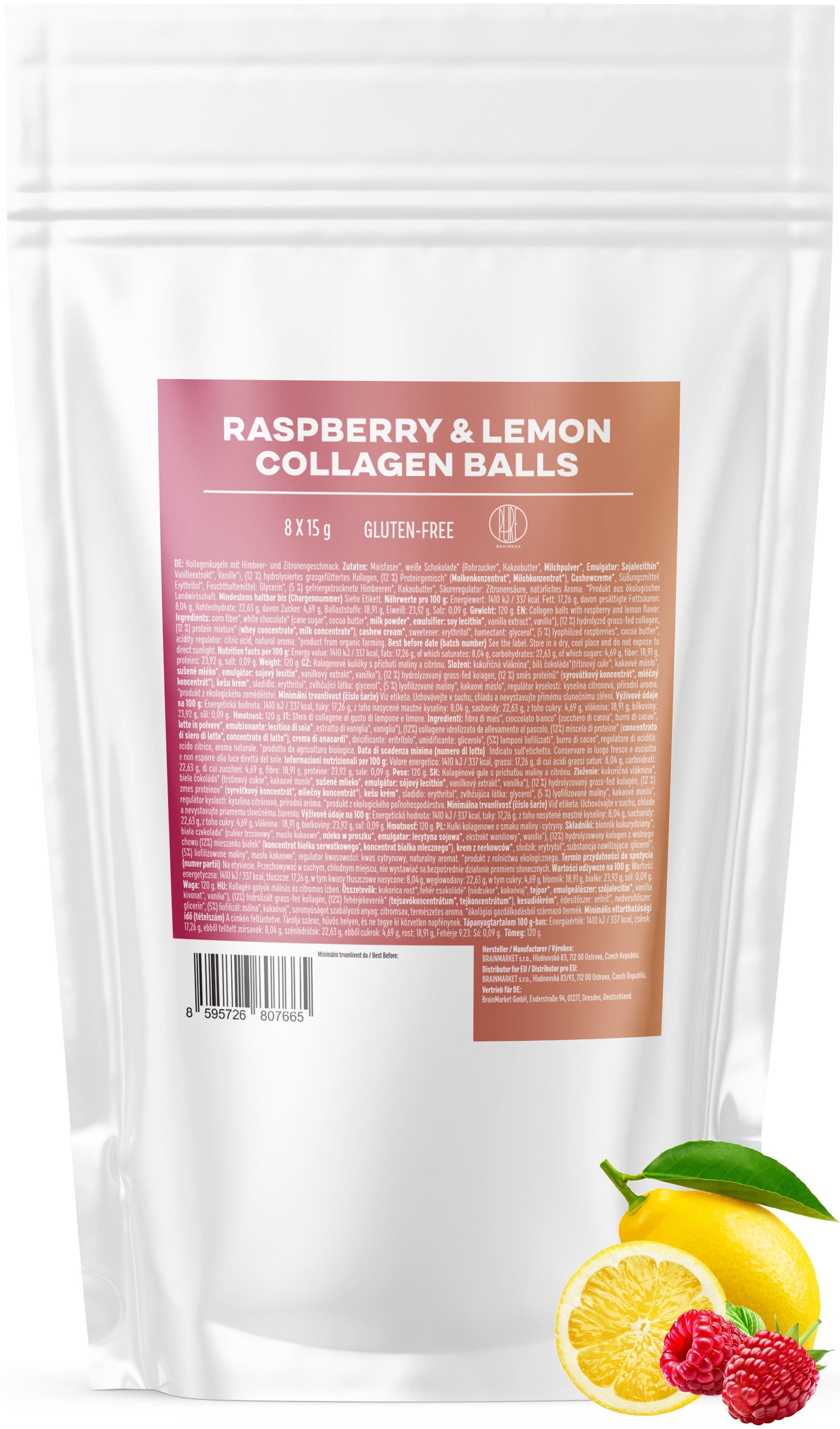 BrainMax Pure Raspberry&Lemon Collagen Balls, Kolagenové kuličky, Malina a citron, 8 ks Obrázek