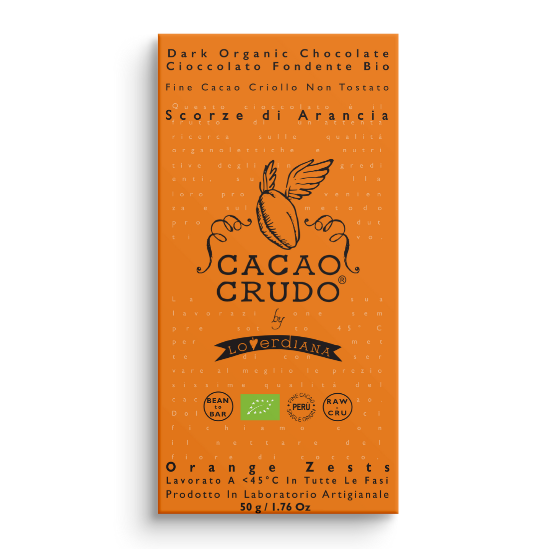 Cacao Crudo Raw Hořká čokoláda s pomerančovou kůrou, BIO, 50 g *IT-BIO-006 certifikát