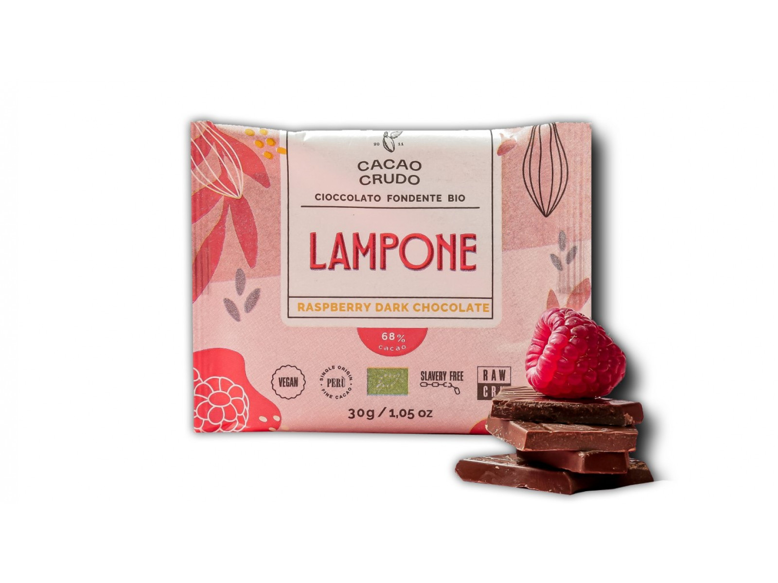 Cacao Crudo Raw Hořká čokoláda s malinami, BIO, 30 g *IT-BIO-006 certifikát