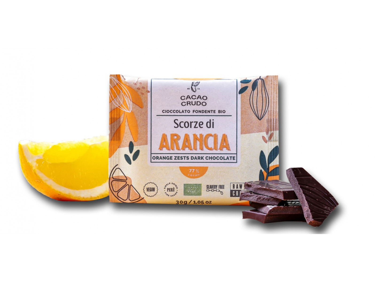 Cacao Crudo Raw Hořká čokoláda s pomerančovou kůrou, BIO, 30 g *IT-BIO-006 certifikát