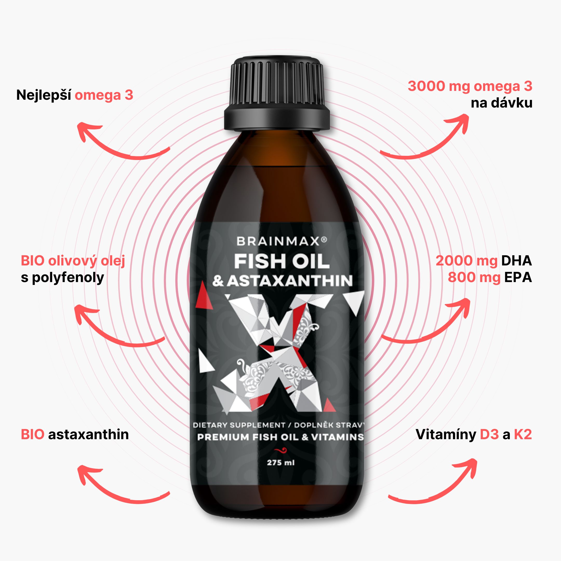 BrainMax Fish Oil & Astaxanthin, Super Omega 3, 275 ml Obrázek