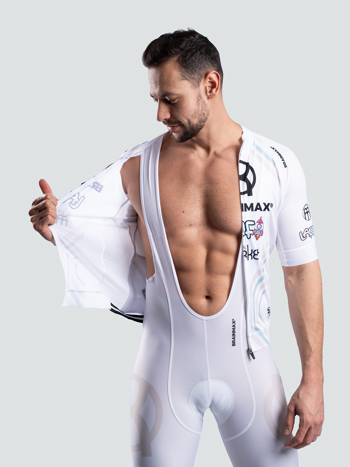 BrainMax LAUF cyklistický set, bílý dres a bílé kraťasy se šlemi Velikost: XL Obrázek