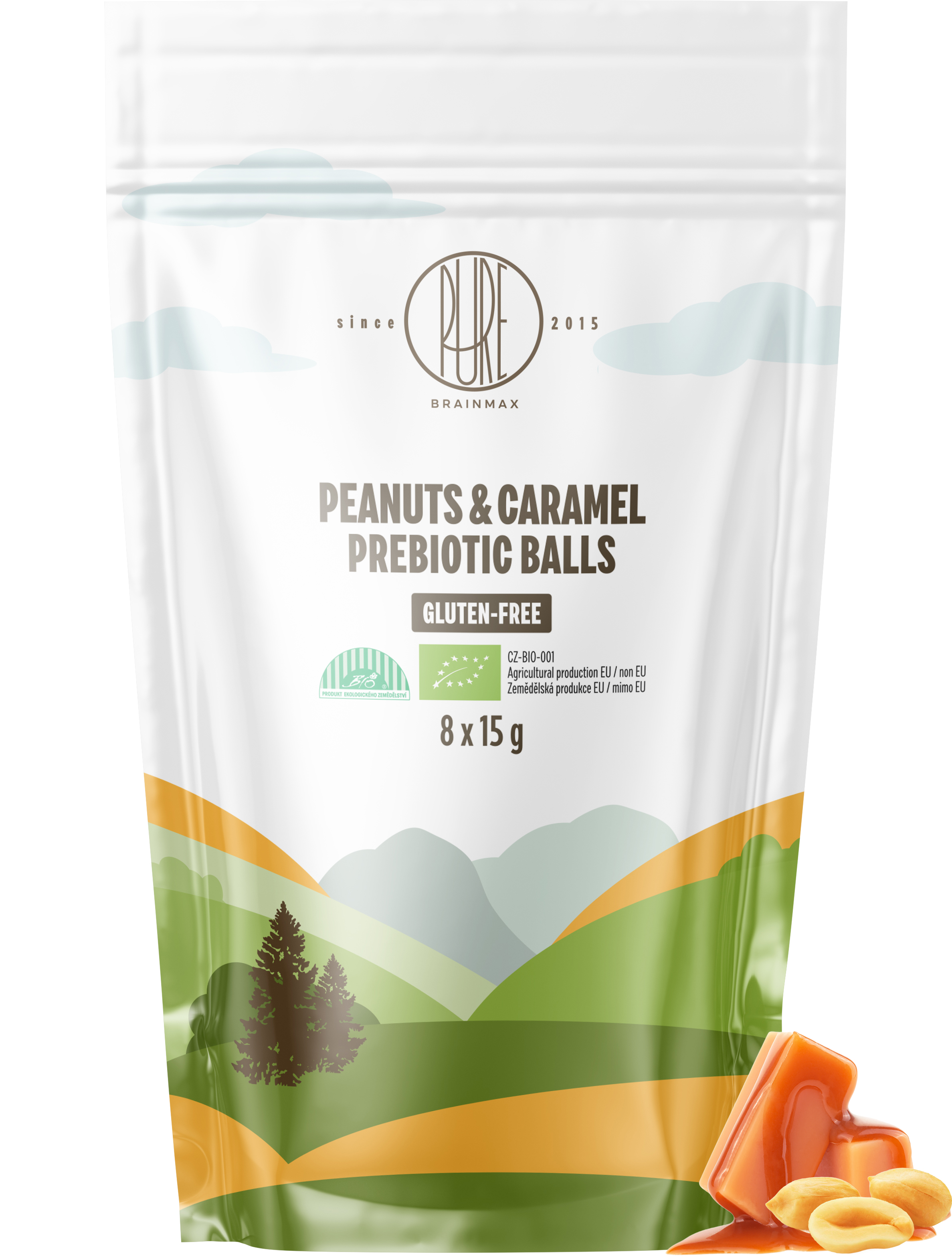BrainMax Pure Prebiotic Balls Peanuts and Caramel, Prebiotické kuličky, Arašídy a karamel, BIO, 8 ks Obrázek