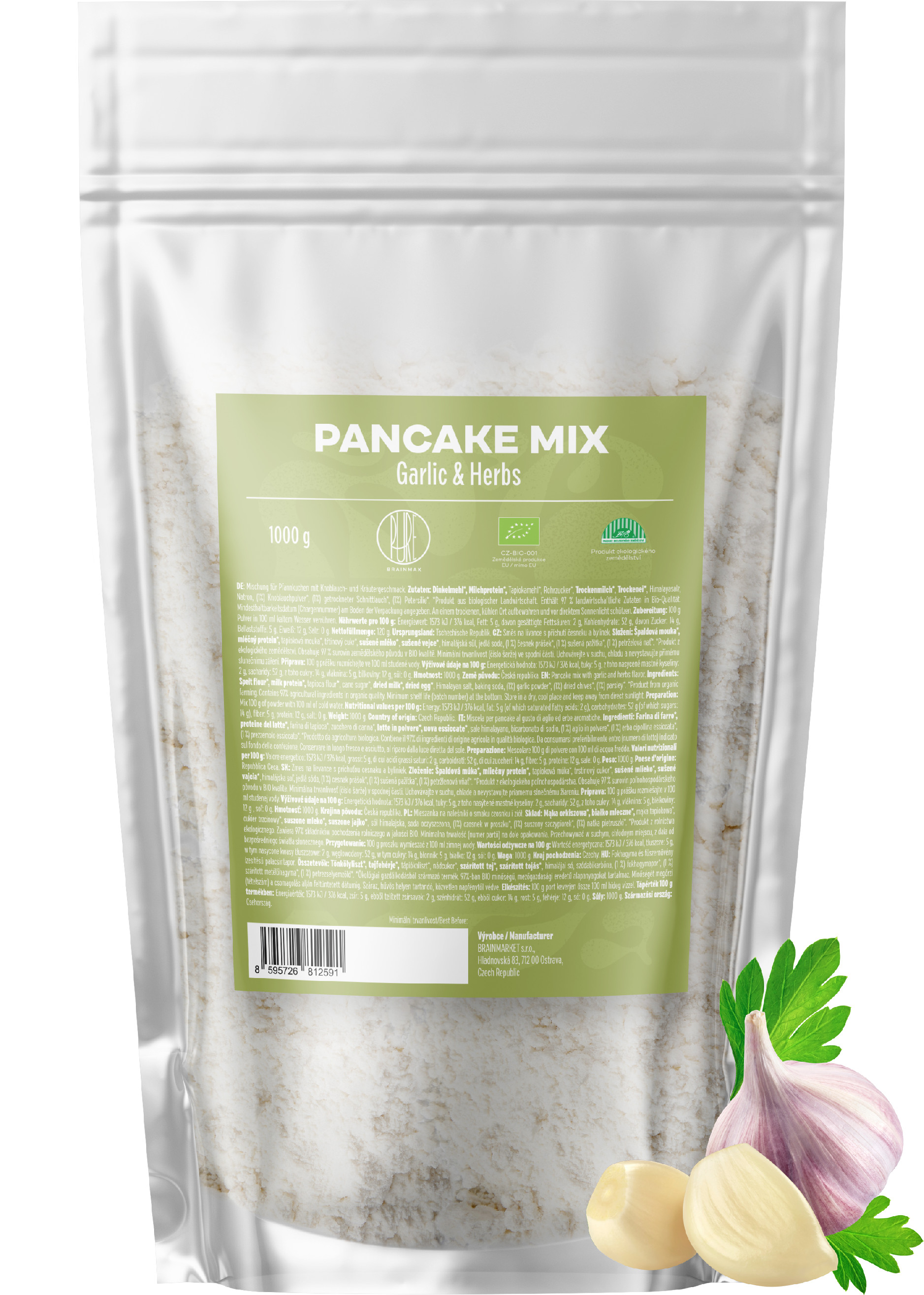 BrainMax Pure Pancake Mix Garlic & Herbs, Směs na lívance, česnek a bylinky, BIO, 1000 g Obrázek