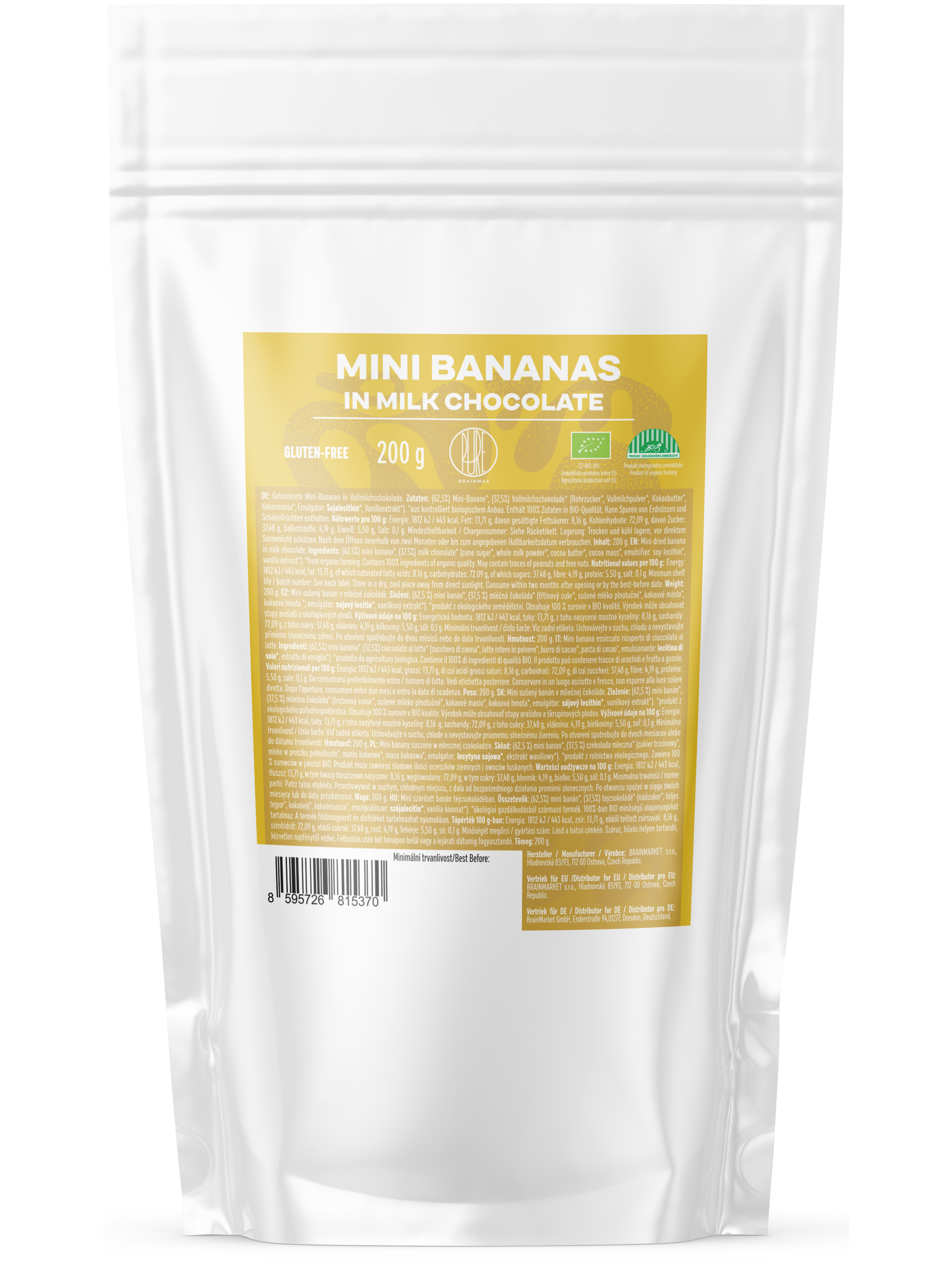 Levně BrainMax Pure® Mini banánky v mléčné čokoládě, BIO, 200 g *CZ-BIO-001 certifikát / BIO banány v mléčné čokoládě