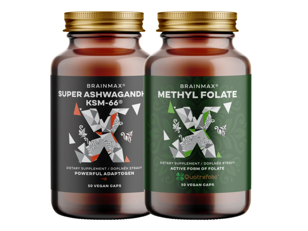 BrainMax Esence přírody Kombinace patentované formy ashwagandhy a aktivní formy kyseliny listové, doplněk stravy