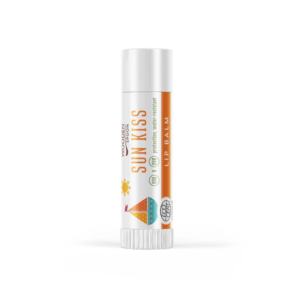 Wooden Spoon Opalovací balzám na rty Sun Kiss, 4,3 ml 100% přírodní balzám s minerální ochranou a kakaovým máslem