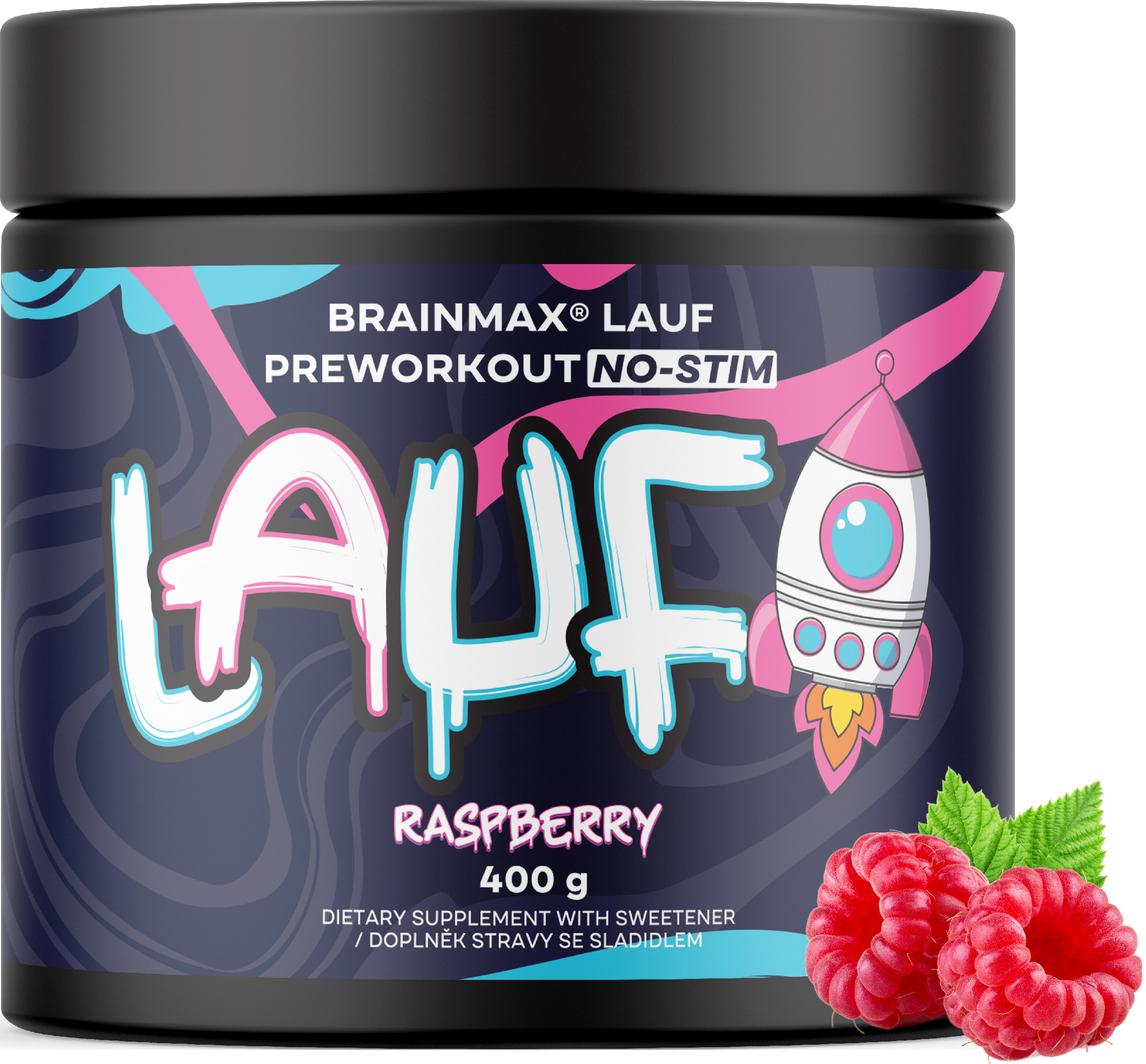 BrainMax LAUF Preworkout, bez kofeinu, malina, 400 g
