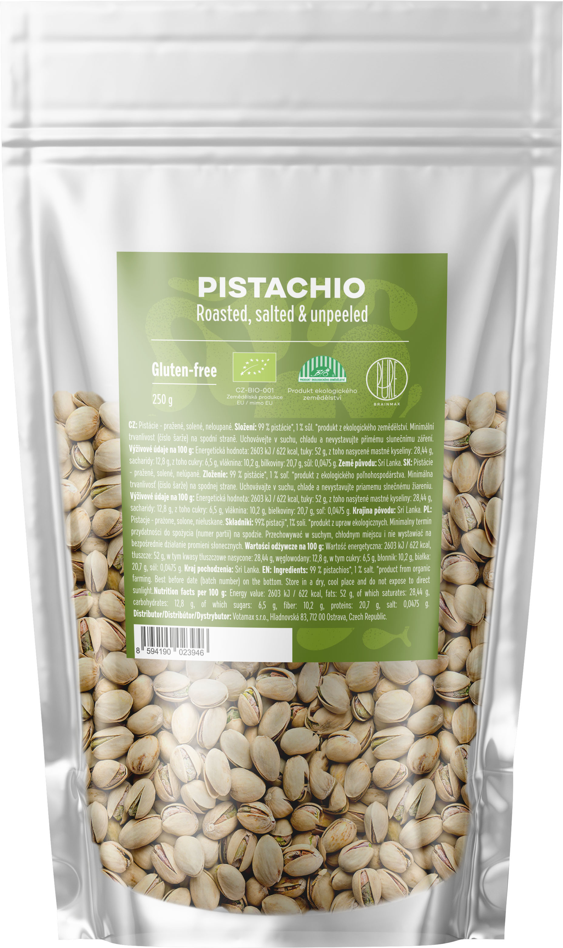 BrainMax Pure® Pistácie, pražené &amp; solené, neloupané, 250g