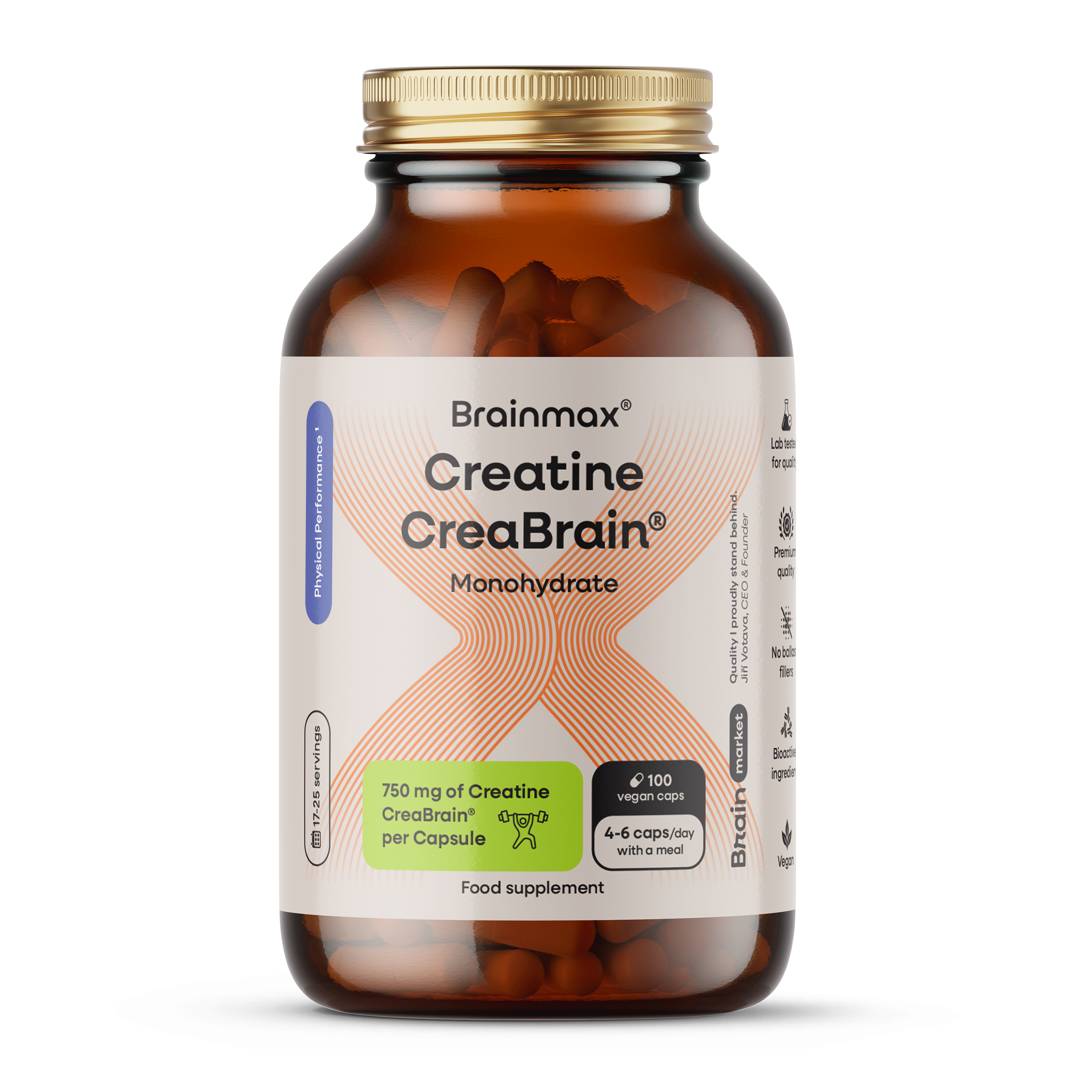BrainMax® Creatine CreaBrain®, Monohydrate, 100 rostlinných kapslí