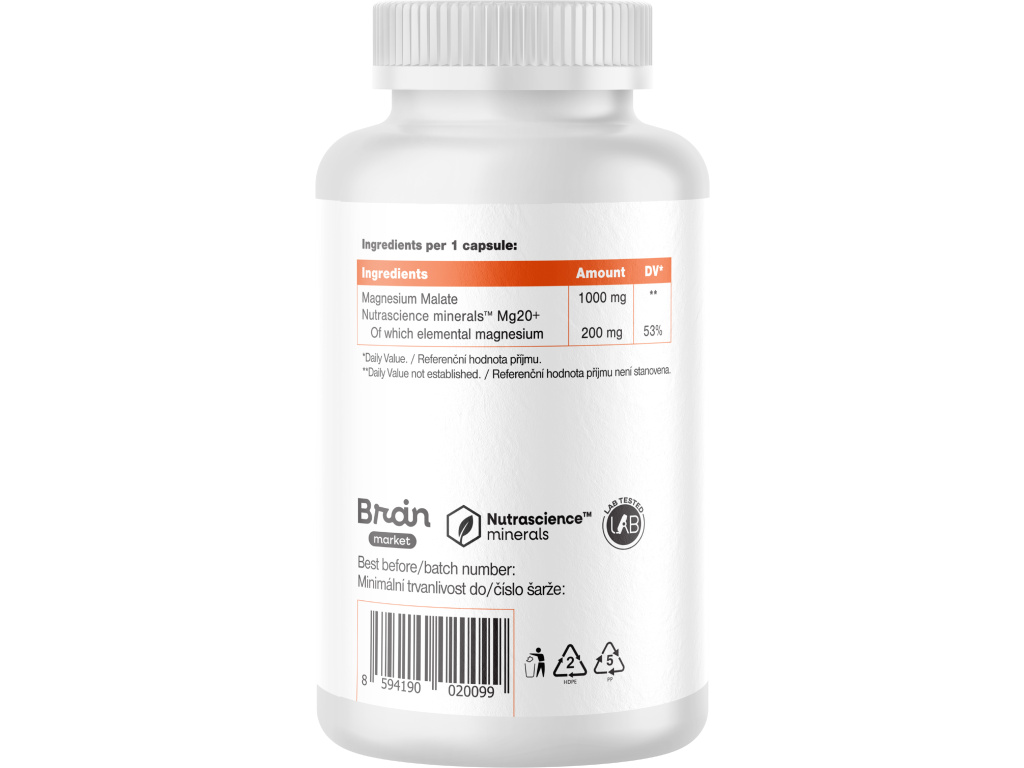 BrainMax Energy Magnesium, 1000 mg, 200 kapslí (Magnesium Malate - Hořčík malát, 164 mg) Obrázek
