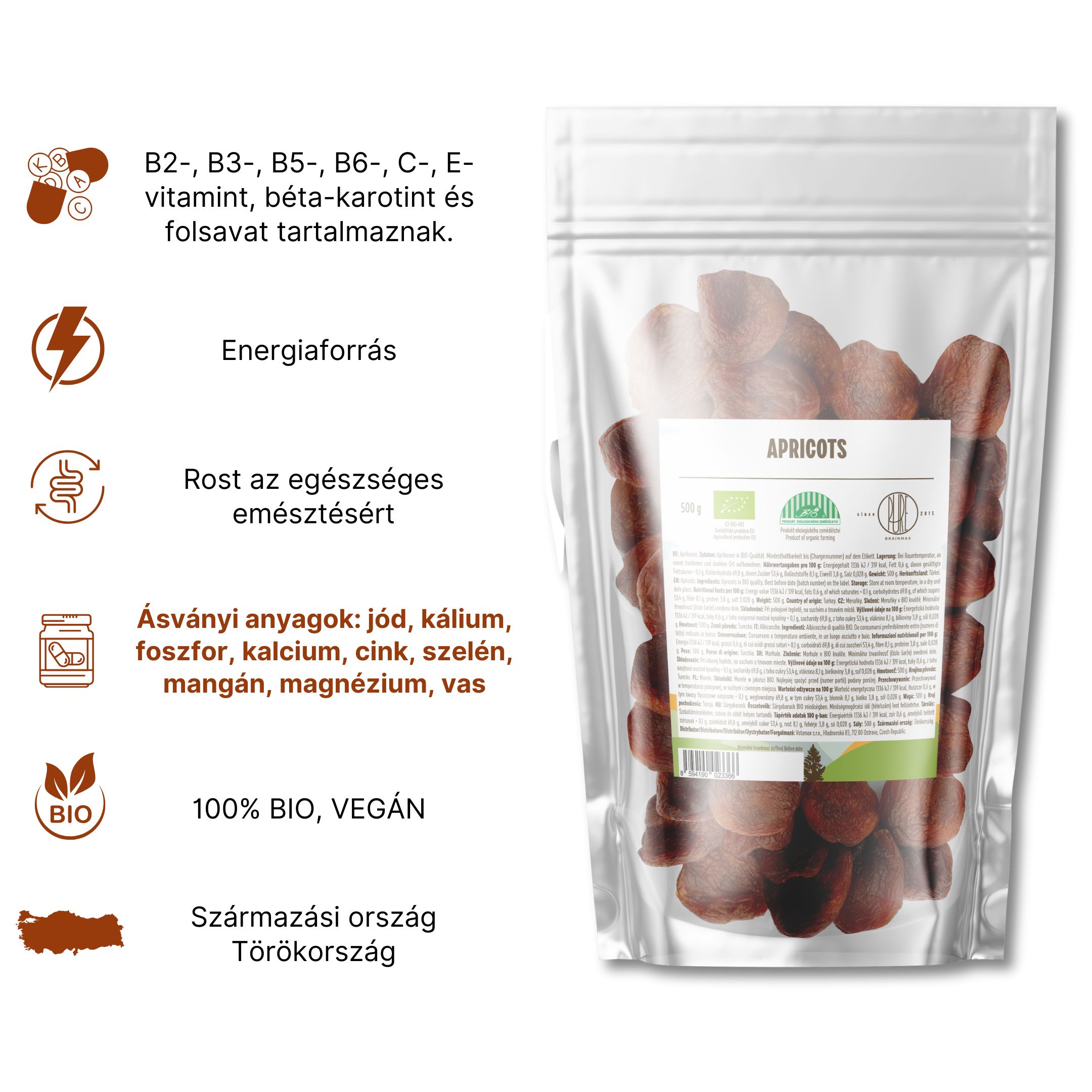 BrainMax Pure Meruňky sušené BIO, 500 g Obrázek