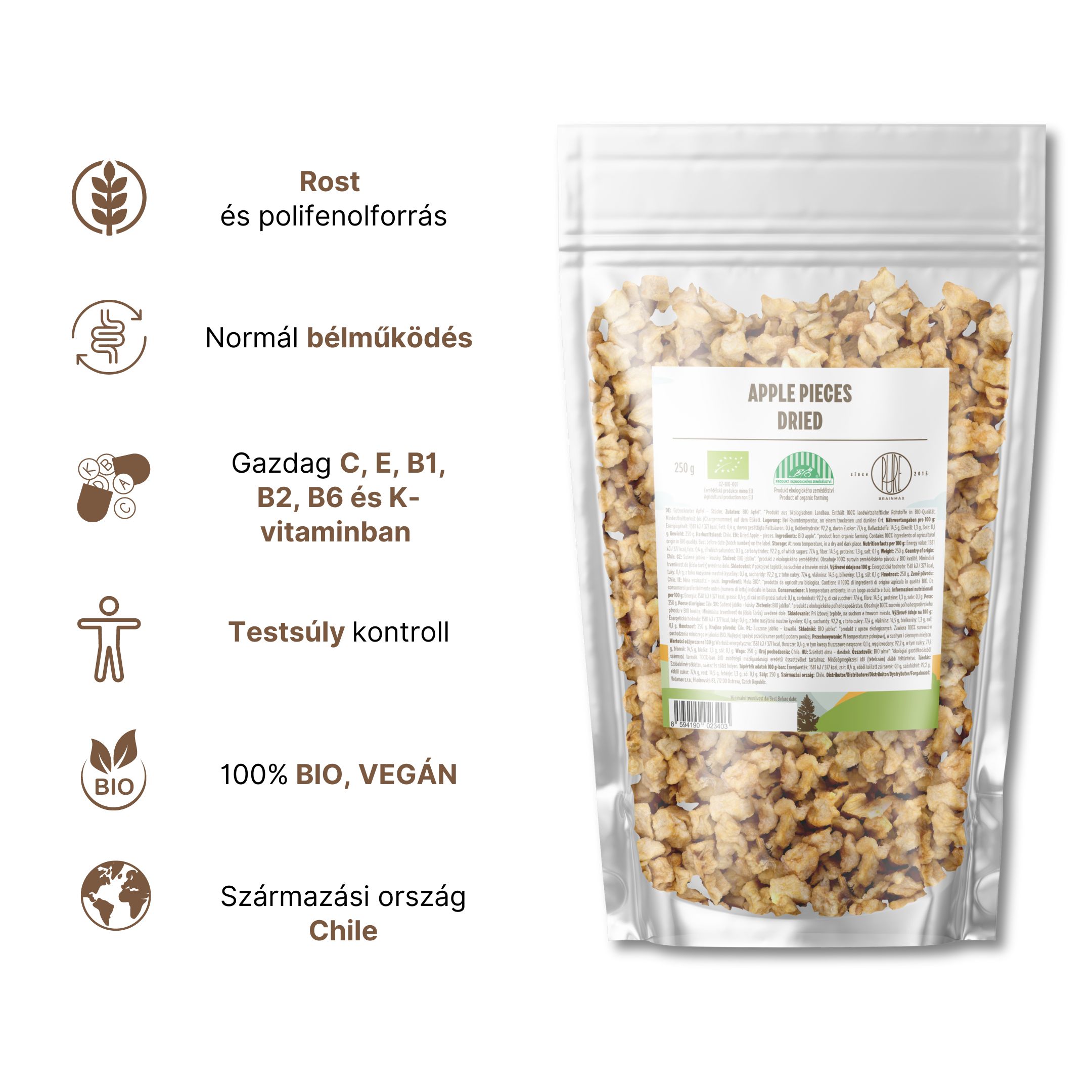 BrainMax Pure Jablka kousky sušené BIO, 250 g Obrázek