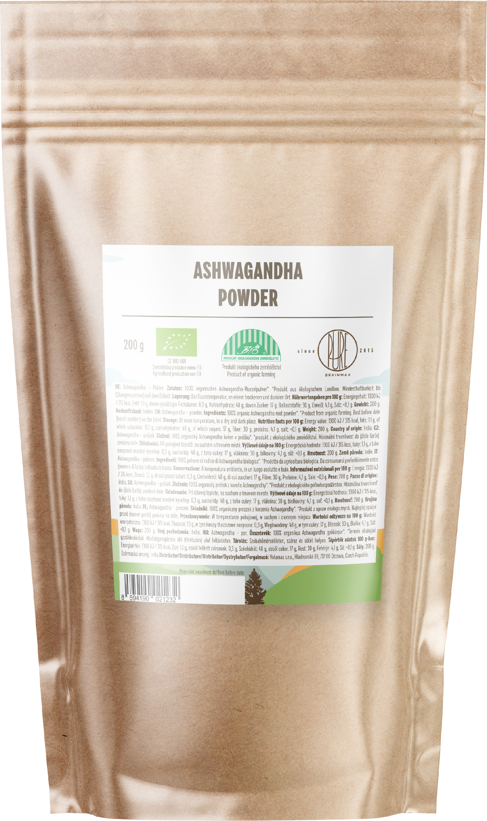 BrainMax Pure Ashwagandha prášek, BIO, 200 g Obrázek