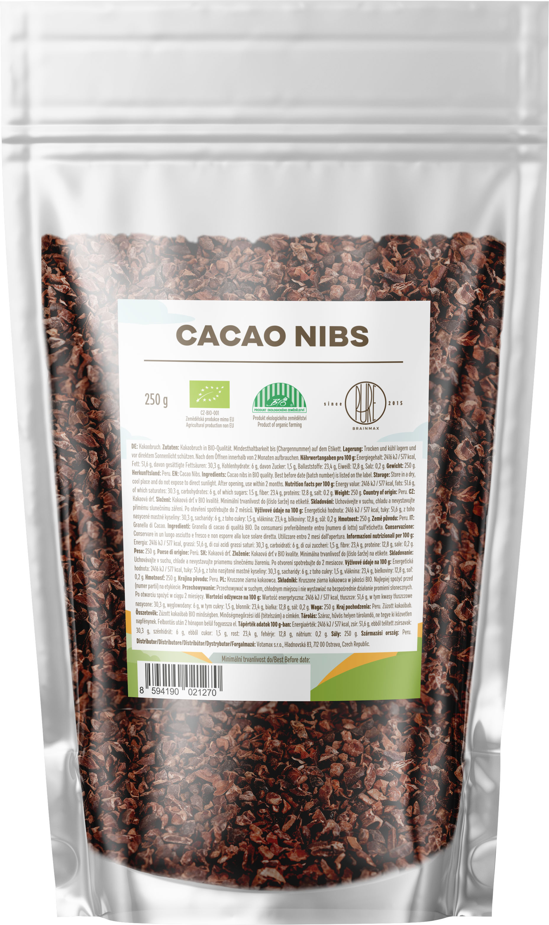 BrainMax Pure Drcené Kakaové Boby, Nepražené, RAW, BIO, 250 g Obrázek