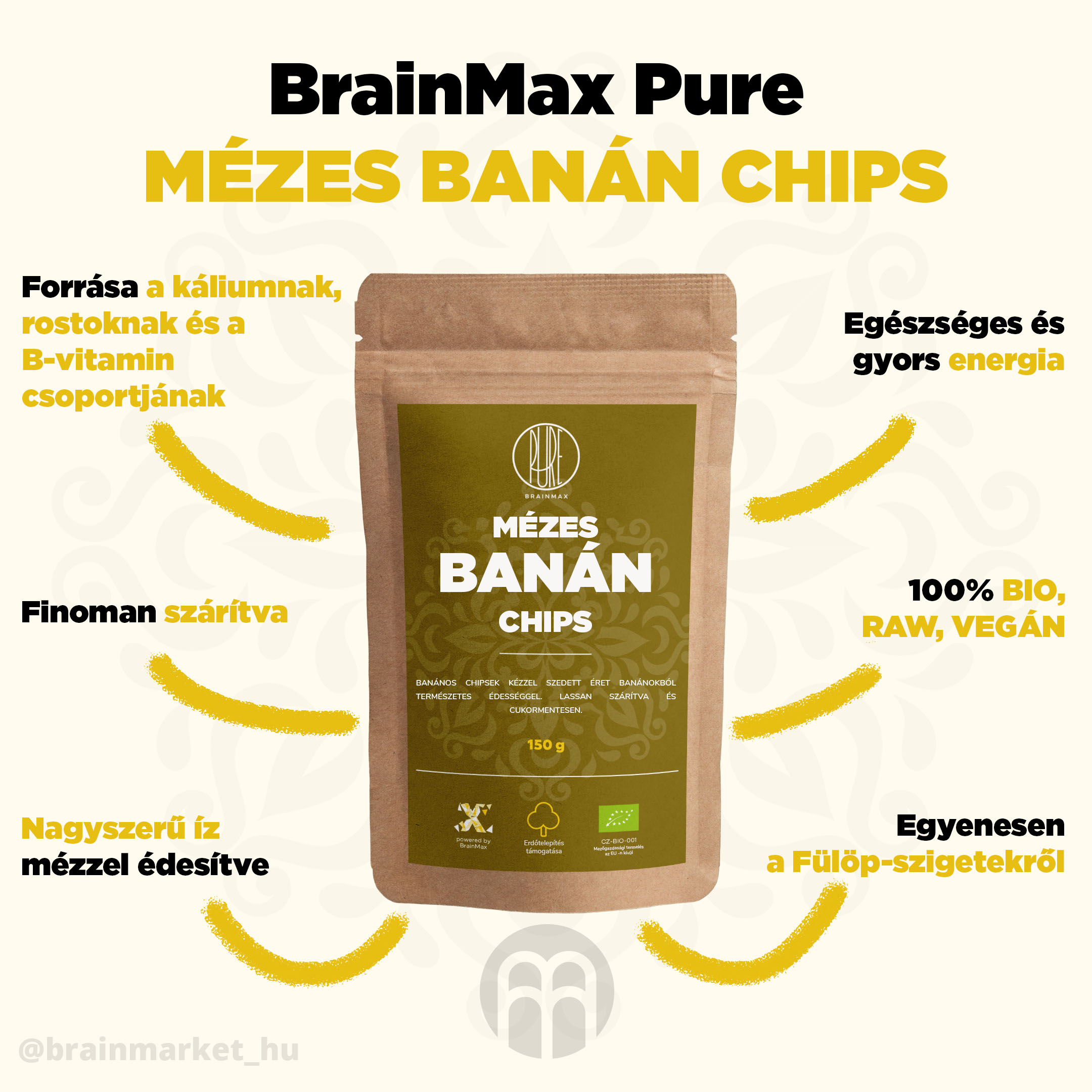 BrainMax Pure Sušený banán medový, kousky BIO, 150 g Obrázek
