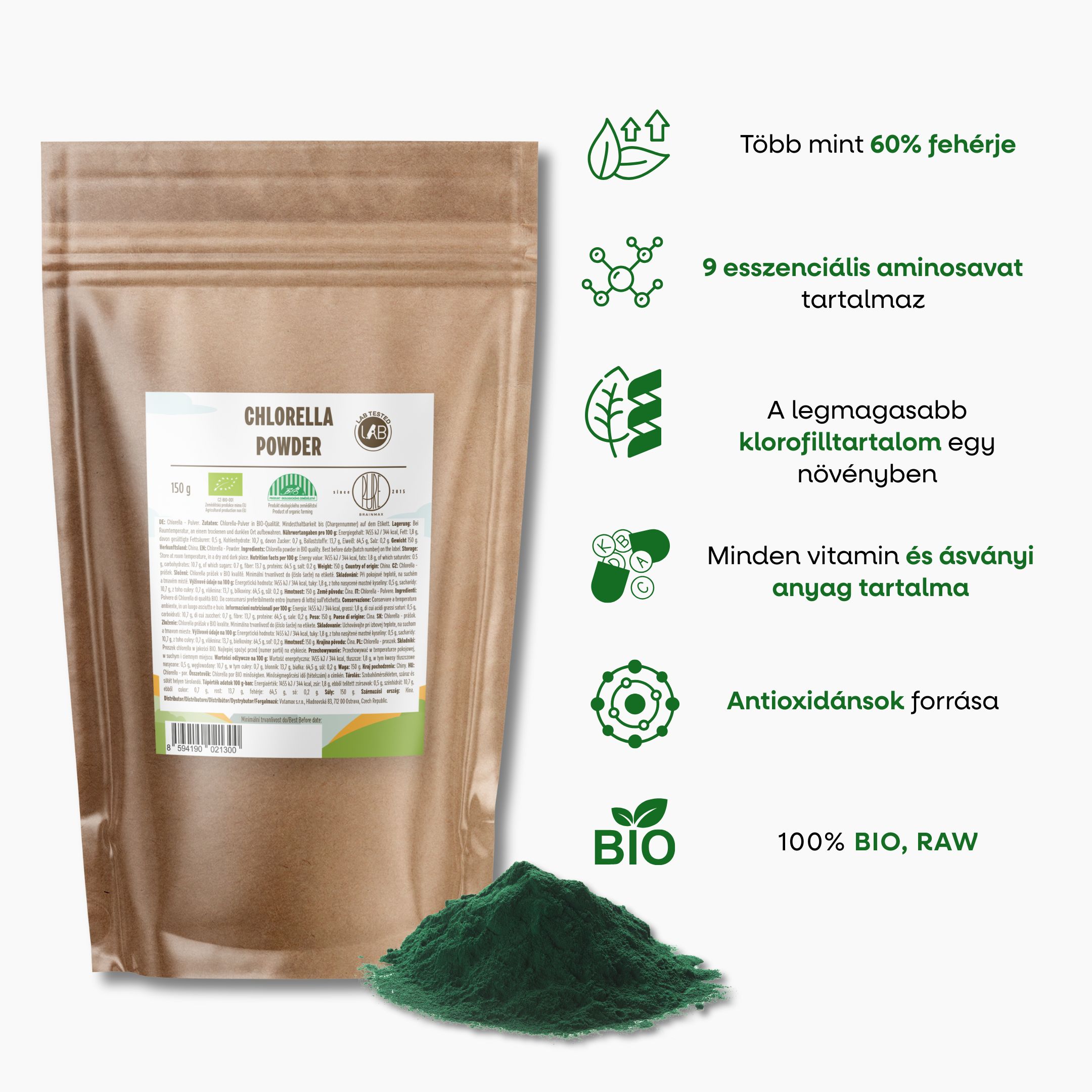 BrainMax Pure Chlorella BIO, 150 g Obrázek