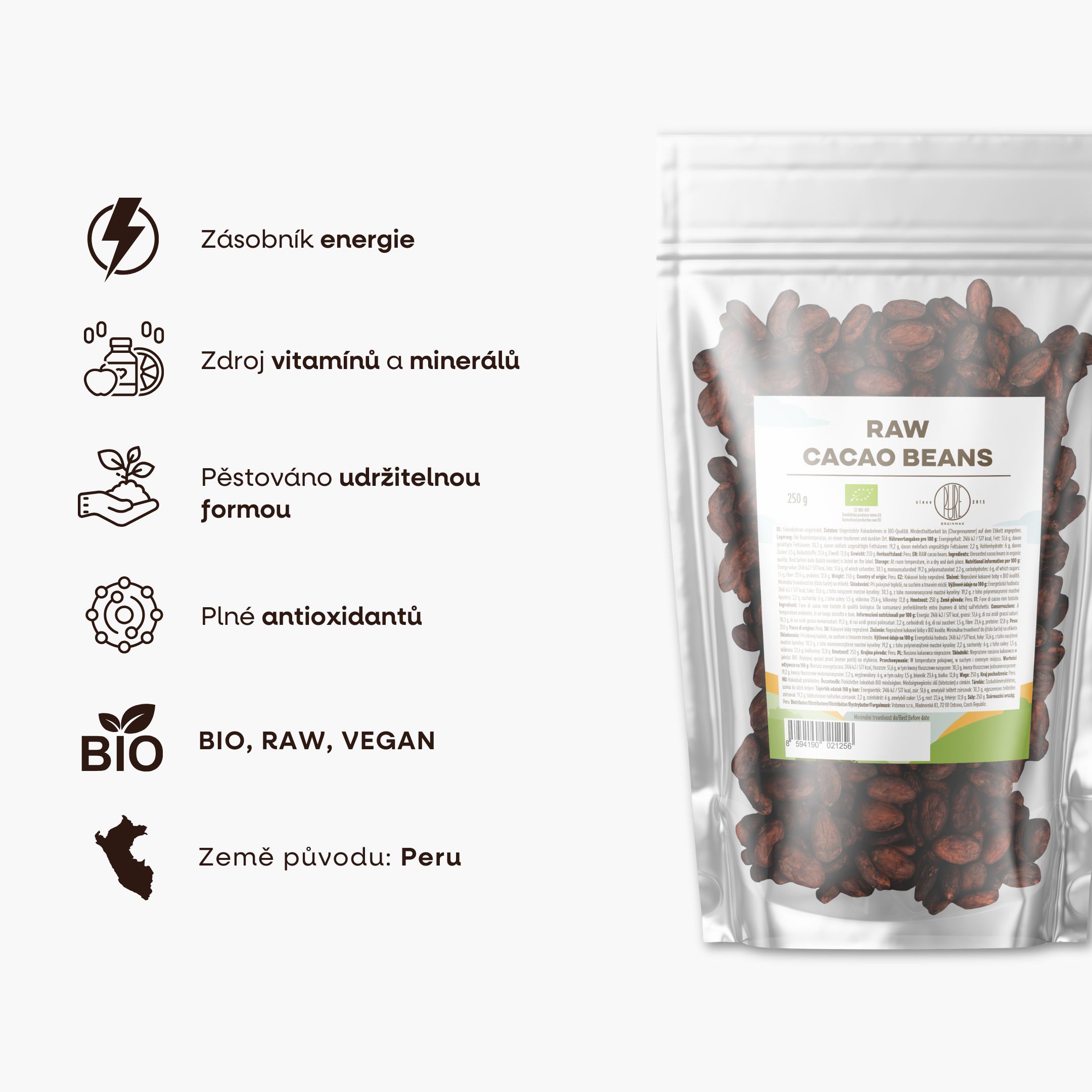 BrainMax Pure Kakaové boby RAW, BIO, 250 g Obrázek
