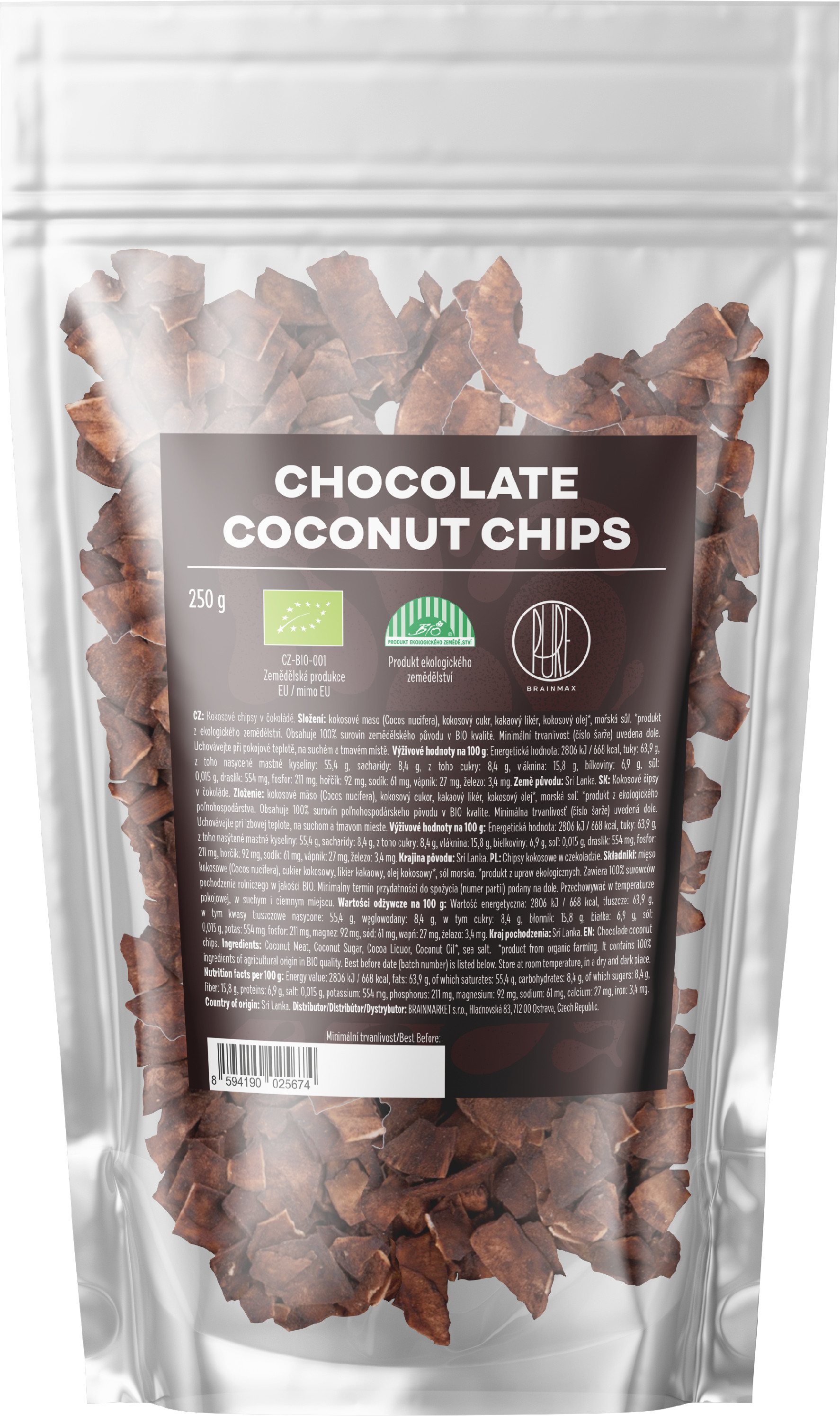 BrainMax Pure Kokosové chipsy v čokoládě, BIO, 250 g Obrázek