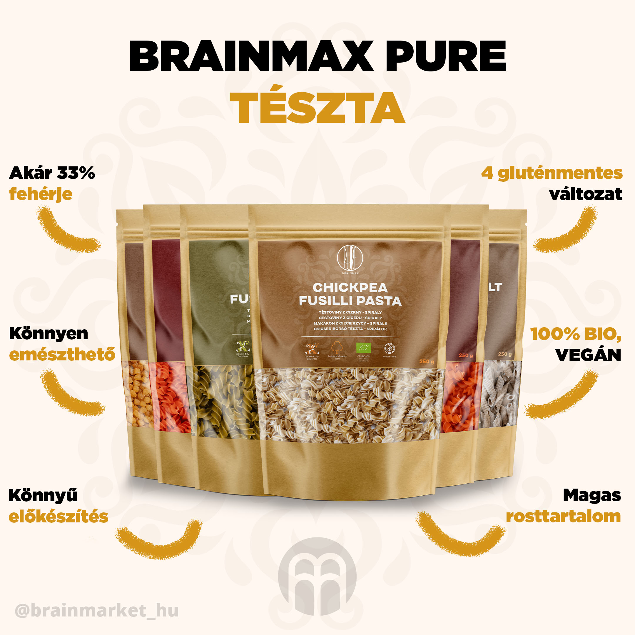 BrainMax Pure Proteinové těstoviny z červené čočky, spirály, BIO, 250 g Obrázek