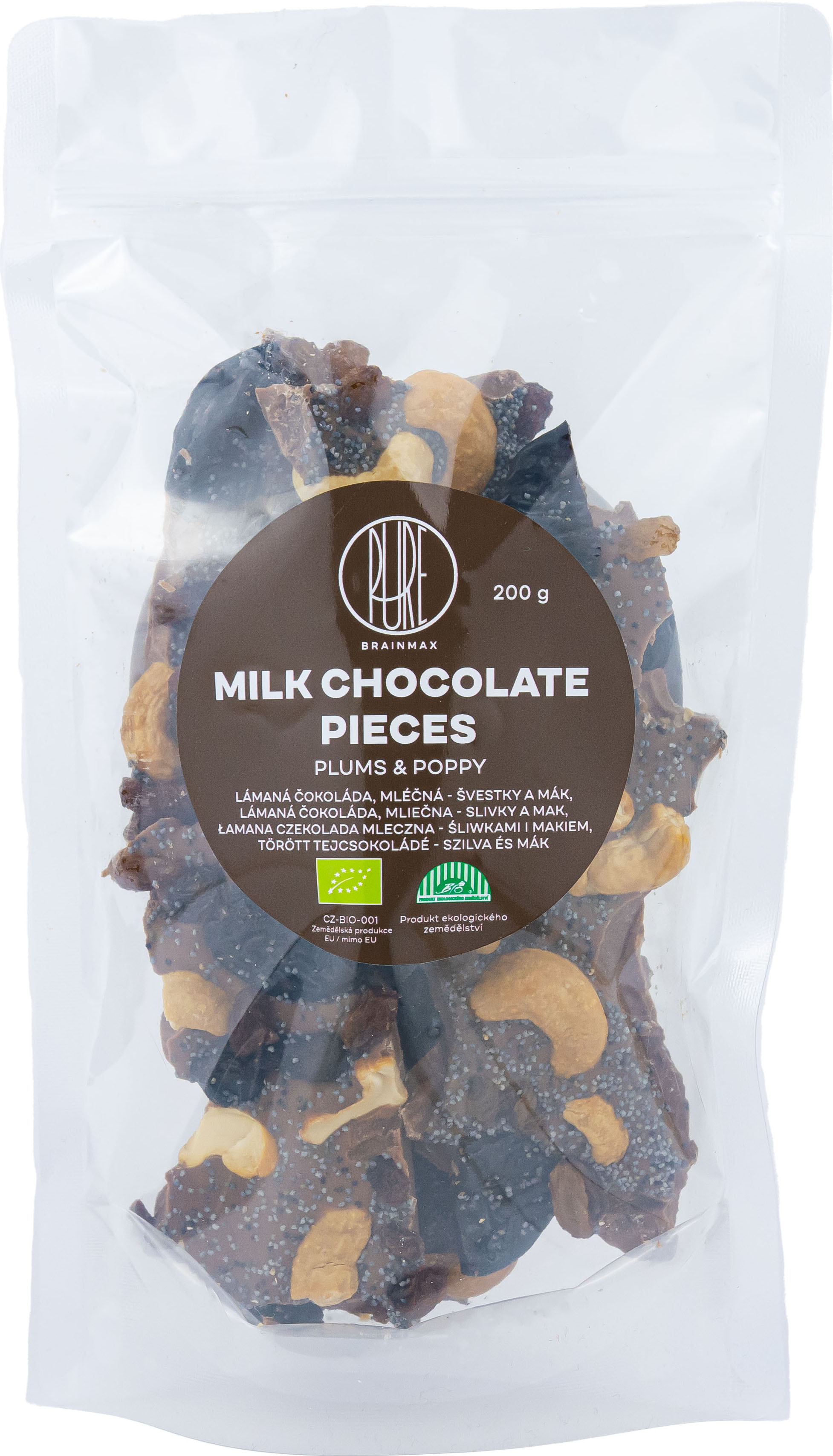 BrainMax Pure Lámaná čokoláda mléčná, švestky a mák, BIO, 125 g Obrázek