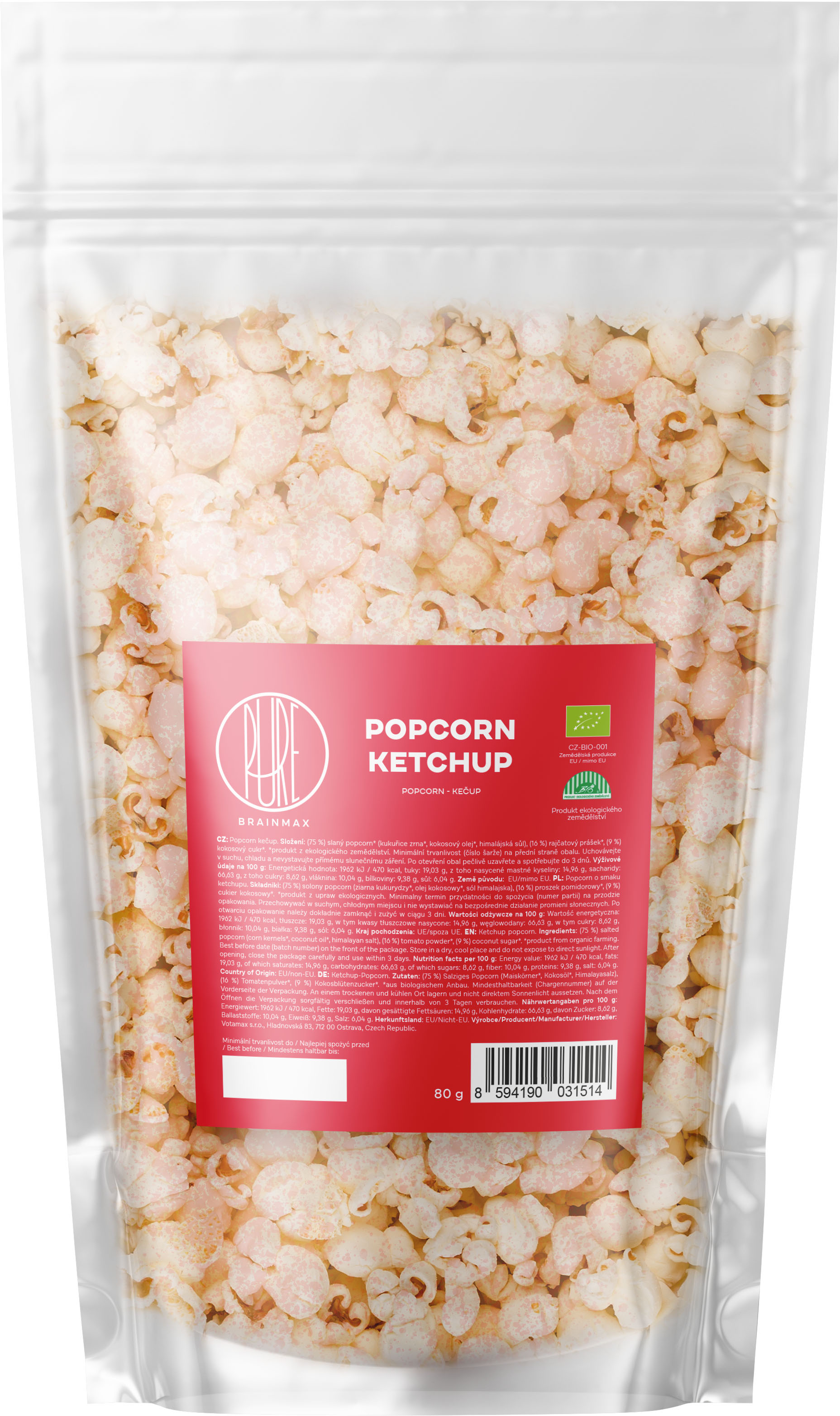BrainMax Pure Popcorn, BIO, 80 g Příchuť: Kečup Obrázek
