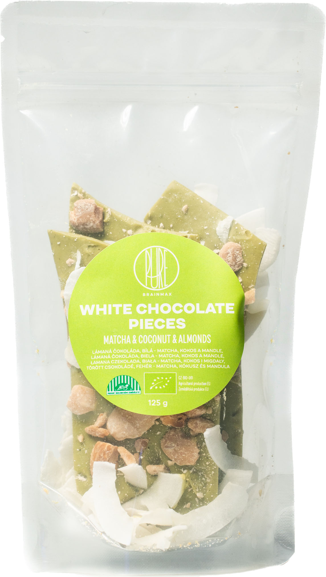 BrainMax Pure Lámaná čokoláda bílá - matcha, kokos a mandle, BIO, 125 g Obrázek