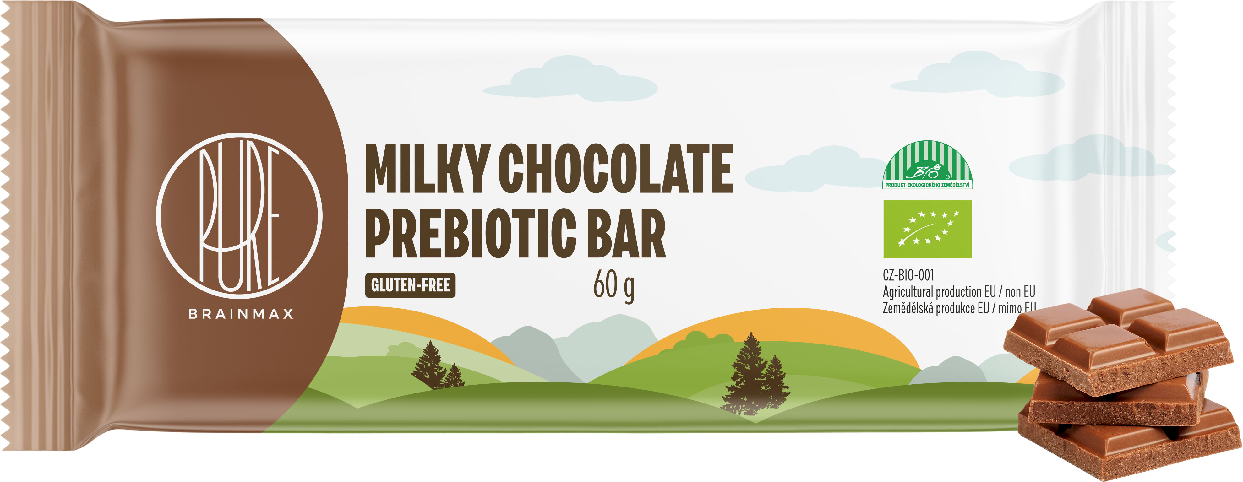 BrainMax Pure Milky Chocolate Prebiotic Bar, Prebiotická tyčinka, Mléčná čokoláda, BIO, 60 g Obrázek
